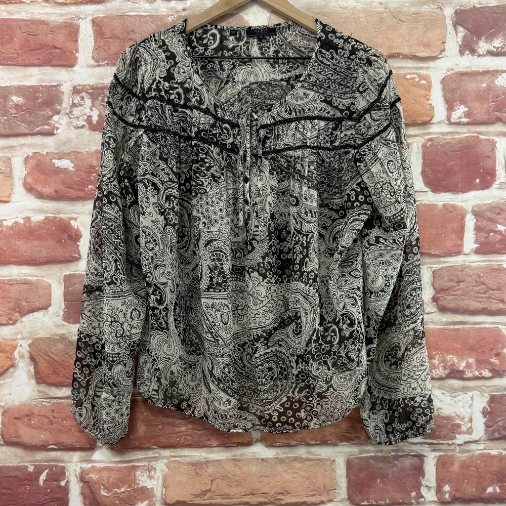 Guess Top Women's XL Black White Boho Floral Beaded Trim Casual Sheer Shirt